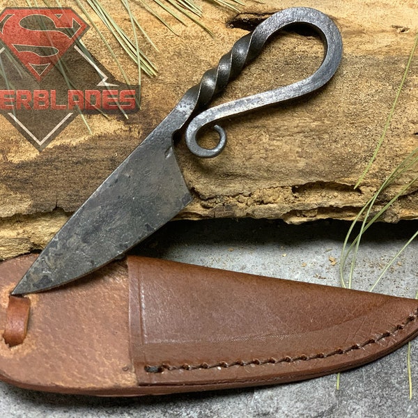 Viking Medieval Neck Knife - Blackend Carbon Steel Leather Sheath
