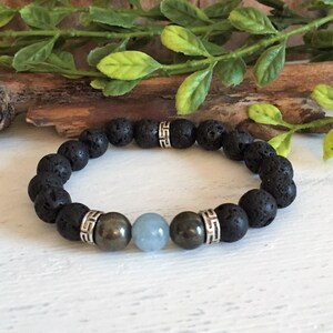 Aquamarine Pyrite Gemstone Bracelet | Positivity | Prosperity | Aries Birthstone | Anti-Negativity | Essential Oil Jewelry | Gift for Her