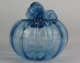 Blue Handblown Decorative Glass Pumpkin
