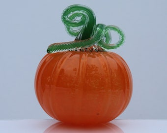 Traditional Orange and Green Handblown Decorative Glass Pumpkin