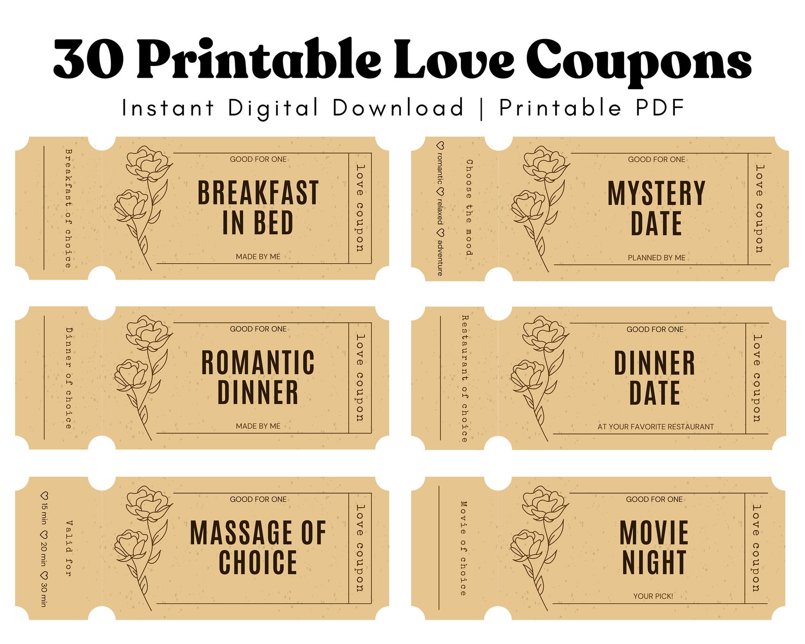 30 Printable Love Coupons, Gift for Him Christmas, Birthday, Valentines Day, Anniversary Love ...