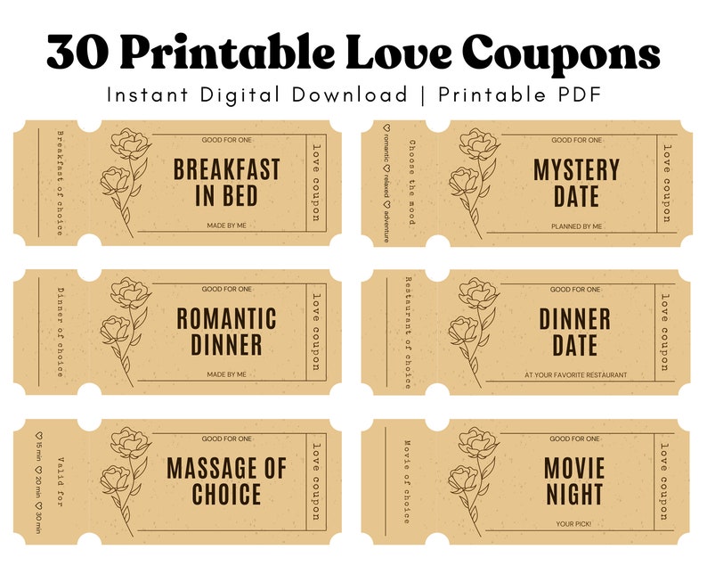 30 Printable Love Coupons, Gift for Him Christmas, Birthday, Valentines Day, Anniversary Love ...