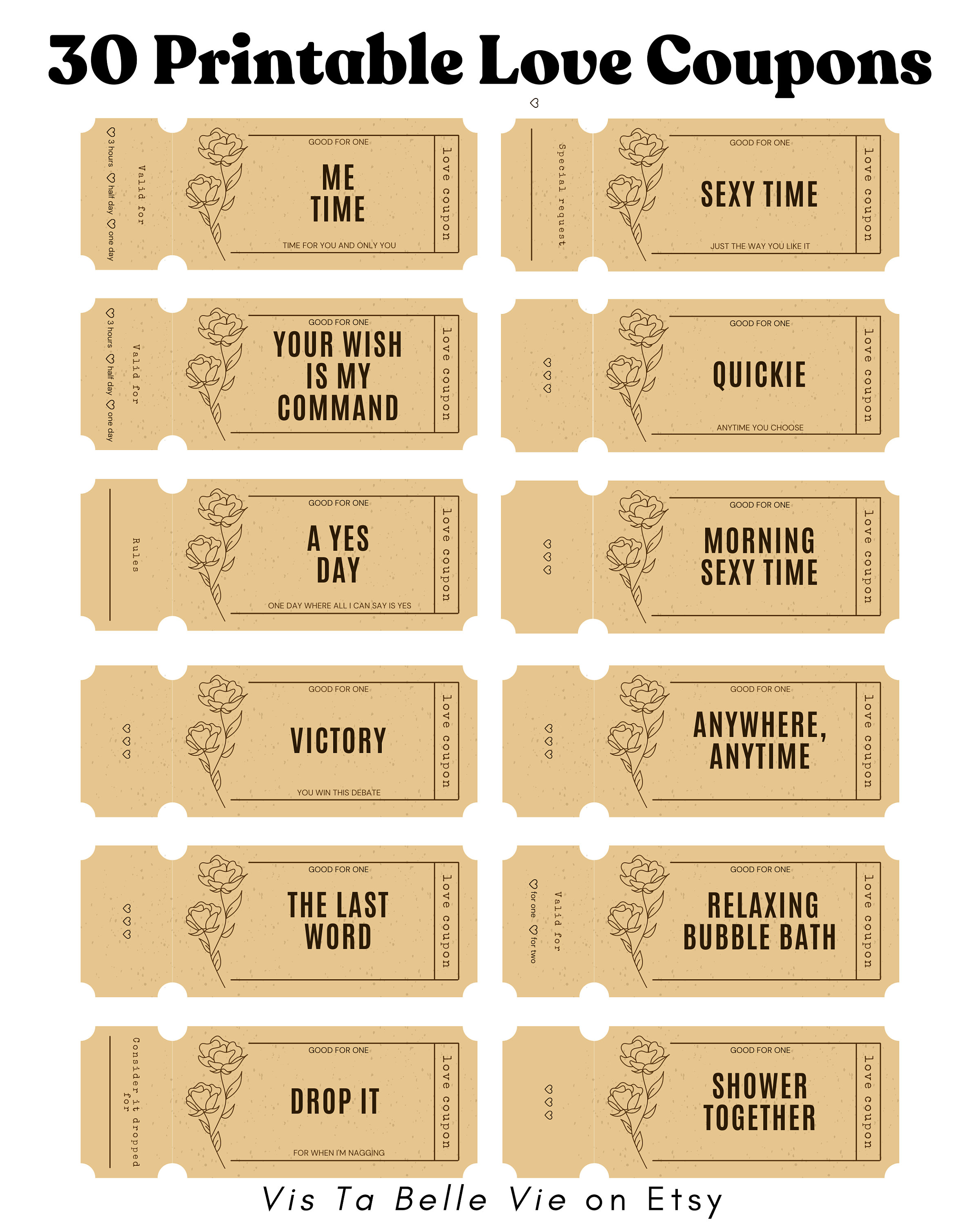 30 Printable Love Coupons, Gift for Him Christmas, Birthday, Valentines ...