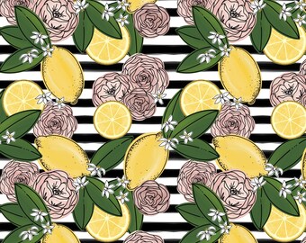 Seamless Hand Drawn striped lemon and rose Digital Paper, Printable Sublimation Designs, Tumbler Wrap, Hand Drawn Floral Scrapbook, lemons