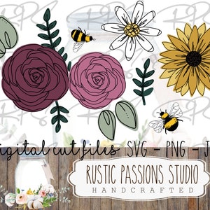 Pink Rose Sunflower and Bee Individual elements, Printable Sublimation Designs, Tumbler Wrap, Hand Drawn Floral tumbler waterslides