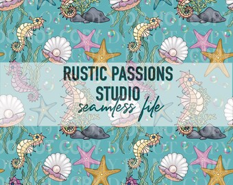 Hand Drawn seamless floral Seahorse nautical Digital Paper, sublimation Design, Tumbler Wrap, sublimation ocean pattern, waterslide png