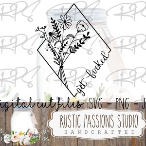 May include: Black and white line art illustration of a bouquet of flowers in a diamond shape with the text "get booked" written on the side.