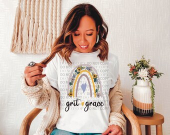 Hand drawn boho rainbow, grit & grace hand drawn floral DIGITAL DOWNLOAD  png, flower sublimation, waterslide, tumbler decal, clip art
