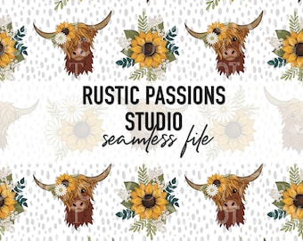 Seamless hand drawn highland cows and sunflower Digital Paper, Printable Sublimation Designs, Tumbler Floral Wrap, Hand Drawn Floral design