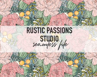 Hand Drawn seamless BOHO floral Digital Paper, sublimation Designs, Hydrangea and peony Wrap, sublimation floral pattern,  seamless