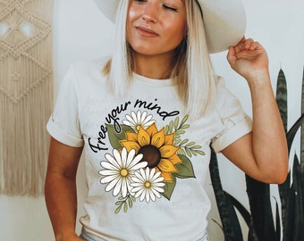 Sunflower daisy Free your mind, hand drawn floral DIGITAL DOWNLOAD  png, flower sublimation, waterslide, tumbler decal, sunflower dtf design
