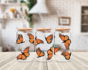 Hand drawn monarch butterfly wrap for Libby glass cans 16 oz Tumbler Wrap, Printable Sublimation Designs, Hand Drawn butterflies