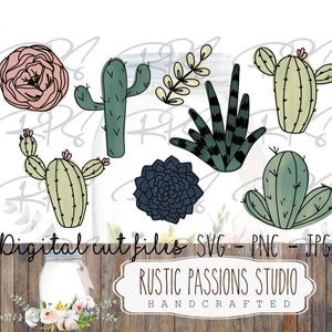 Cactus individuels dessinés à la main, plantes succulentes, éléments roses, conception numérique BOHO, sublimation, décalcomanies pour verres, album floral, toboggan aquatique
