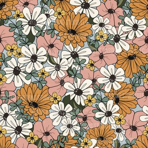 May include: A seamless pattern featuring a variety of flowers in shades of orange, pink, white, and yellow. The flowers are set against a light blue background.