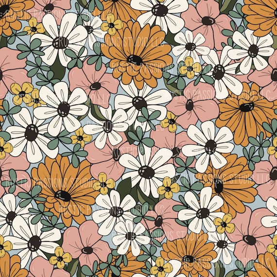 Seamless Hand Drawn BOHO Summer Retro Floral Digital Paper Printable Sublimation Designs Tumbler Wrap Floral Scrapbook Paper BOHO Floral Etsy