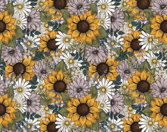 Hand Drawn seamless floral sunflowers and wildflowers Digital Paper, sublimation Designs, Tumbler Wrap, sunflower daisy pattern, seamless