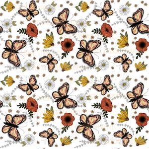 Papillon et coquelicot sans couture dessinés à la main, marguerite, papier numérique de printemps échinacée, motifs imprimables par sublimation, papier peint pour verre png thumbnail