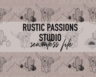 Seamless hand drawn highland cows and desert cactus Digital Paper, Printable Sublimation Designs, Tumbler Wrap, Hand Drawn western design