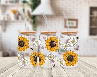 Hand drawn sunflower wrap for Libby glass cans 16 oz Tumbler Wrap, Printable Sublimation Designs, Hand Drawn sunflowers and daisies