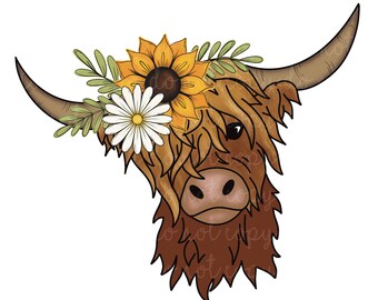 Hand drawn Sunflower highland cow floral png DIGITAL DOWNLOAD, flower sublimation, waterslide, tumbler decal, sunflower dtf design cow print