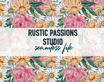 Hand Drawn seamless BOHO floral Digital Paper, sublimation Designs, Peony and Daisy Wrap, sublimation floral pattern,  seamless