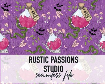 Seamless hand drawn Spooky Season Apothecary Halloween, Tumbler Wrap, snake potion bottle design digital paper, sublimation, digital pattern