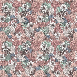 Carta digitale con motivo floreale senza soluzione di continuità disegnato a mano BOHO, rose e funghi, bosco, disegni a sublimazione, involucro per tumbler, motivo floreale in carta per scrapbooking