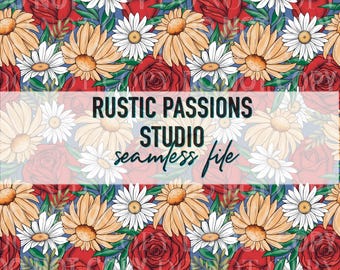 Hand Drawn seamless rose and coneflower floral Digital Paper, sublimation Designs, Rose and Daisy Wrap, sublimation floral pattern, seamless