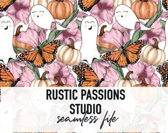Seamless hand drawn Spooky Season Floral, Pumpkin and butterfly, Halloween Tumbler Wrap, Hand Drawn Floral design digital paper, sublimation
