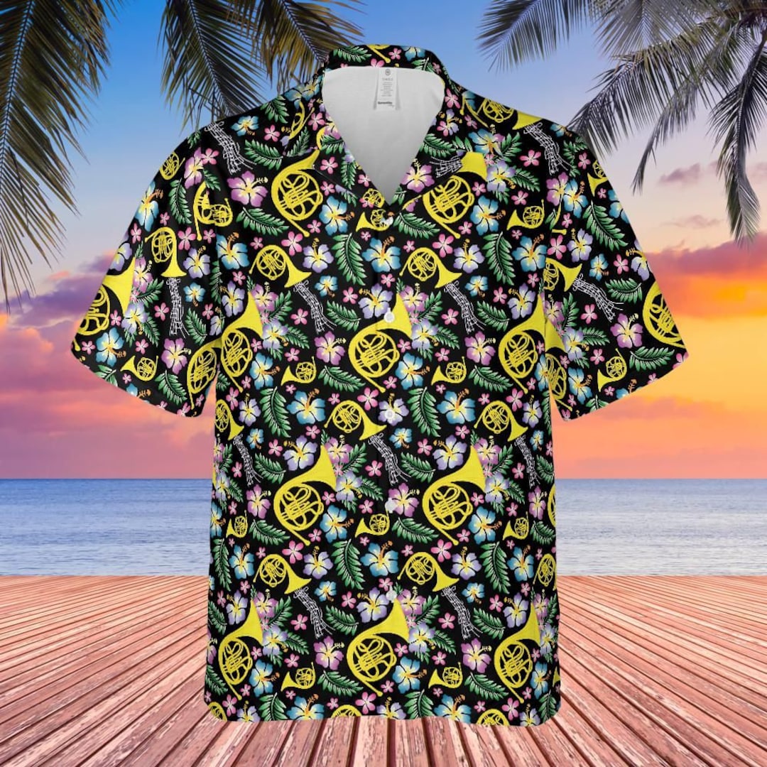 French Horn Hawaiian Shirt Black Background - Etsy