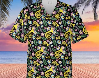 Camisa Hawaiana Cuerno Francés Sobre Fondo Negro