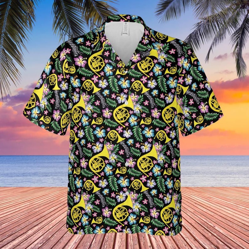 French Horn Hawaiian Shirt Black Background image 1