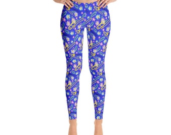 Trombones and Flowers Leggings Blue Background