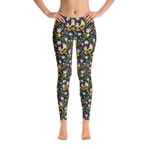 Trombones and Flowers Black Background Leggings