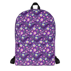 Clarinets, bass clarinets and flowers Backpack purple background