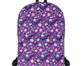 Clarinets, bass clarinets and flowers Backpack purple background