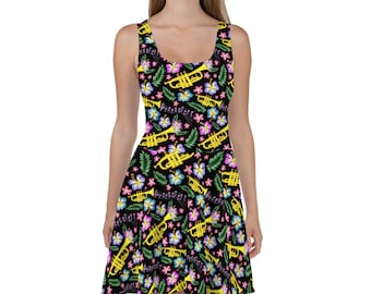 Trumpets and flowers black background Skater Dress