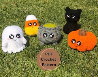 May include: A set of five crochet Halloween amigurumi patterns: a ghost, a candy corn, a cauldron, a black cat, and a pumpkin. The patterns are available as a PDF download.