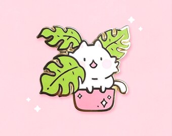 Cat Plant Monstera Enamel Pin | Original Designs | Leaf Kitty | Cozy Cats