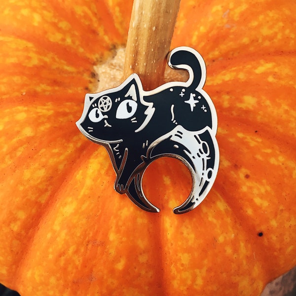 Eclipse Kitty Hard Enamel Pin | cat pin | black cat | moon cat pin | occult pin | spoopy | Halloween pin | goth | silver enamel pin