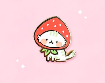 Cute Strawberry Hat Cat Enamel Pins | Original Design | Kawaii Chibi Kitty | Cozy Cats | Funny Cat Pin