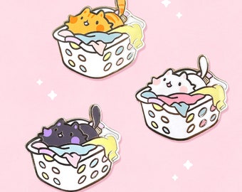 Cozy Cat Laundry Basket Enamel Pin | Original Designs | Kawaii Kitty | Cozy Cat Basket Pin | House Chores