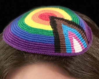 The “Hagadol Hanurah” LGBTQ Progress Pride Kippah /Yarmulke Celebrating Queer Jews of All Colors in the USA, Israel & Kol Ha'Olam -TWO sizes