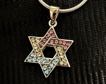 Jewish Pan (Pansexual) Star of David Swarovski Silver Necklace Pendant LGBTQ