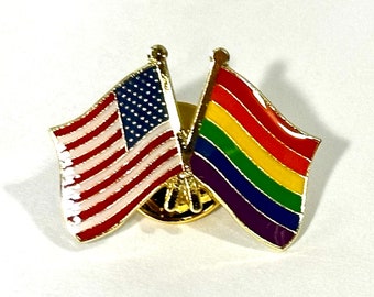 USA/American Flag and LGBTQ Pride (6-Stripe) Rainbow Flag Double Pin Badge