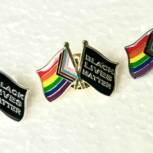 The LGBTQ Progress Pride & Black Lives Matter Double Rainbow BIPOC BLM Crossed Flag Pin Badge image 4