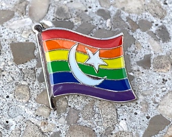 Spilla arcobaleno a mezzaluna islamica musulmana dell'orgoglio LGBTQ Alabbadi "Allah e Mohammad ti amano" per risvolti, camicie, zaini, cappelli, ecc...