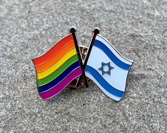 LGBTQ Rainbow Progressive Pride + State of ISRAEL Star of David DOUBLE Flag Pin Badge for Lapels, Shirts, Backpacks, Hats, etc...