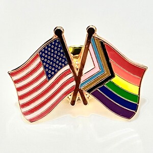 The Biden-Harris Inauguration Commemorative LGBTQ POC Progress Pride Double Rainbow and USA/American Flag Pin Badge image 2