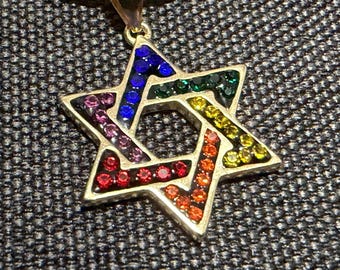 Joodse regenboog Davidster Swarovski zilveren kettinghanger LGBTQ - twee maten, zilver en goud